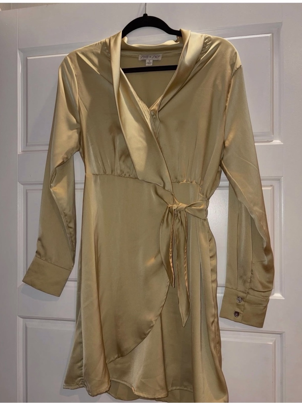 She + Sky Gold Satin Wrap Dress